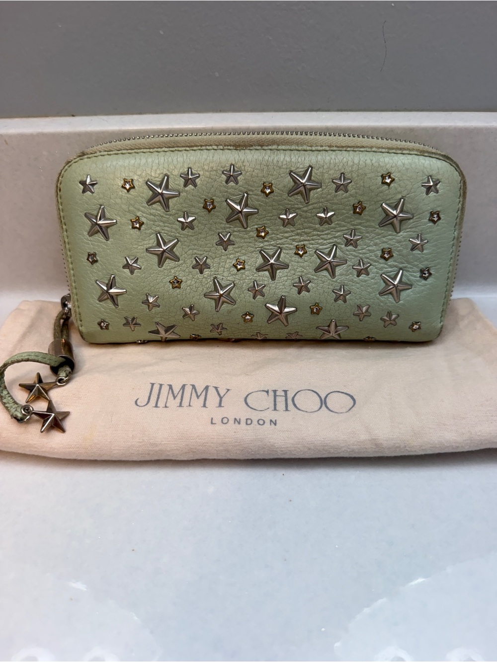 Authentic Jimmy Choo Filipa Star-Studded Zip-Around Wallet – Sage Green